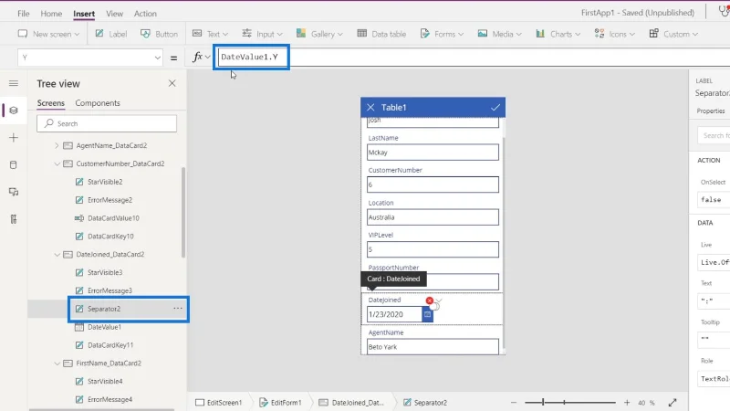 PowerApps-näyttö: muokkaaminen ja päivittäminen