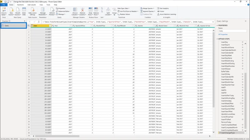 Konverter datotabelfunktionen til en tabelforespørgsel i LuckyTemplates