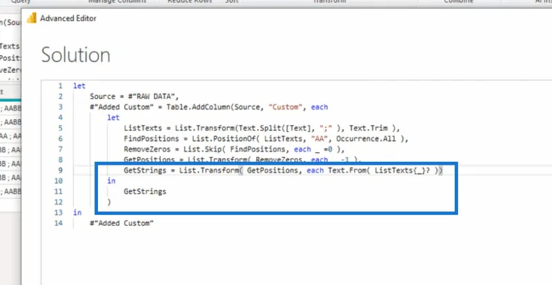 Power Query Advanced Editorin käyttäminen arvojen poimimiseen ennen tiettyä tekstiä
