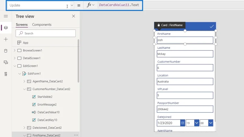 PowerApps-näyttö: muokkaaminen ja päivittäminen