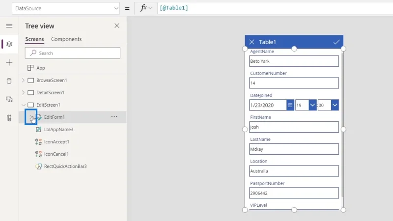 PowerApps-näyttö: muokkaaminen ja päivittäminen