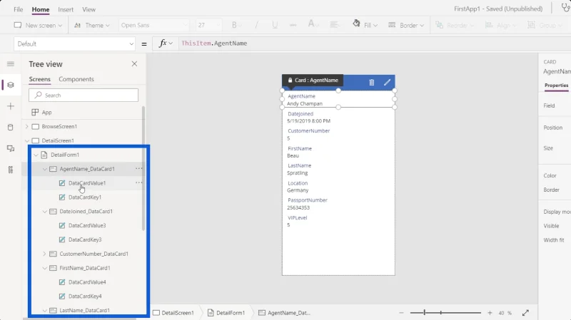 Power Apps -lomakkeet ja tietokortit yksityiskohdassa