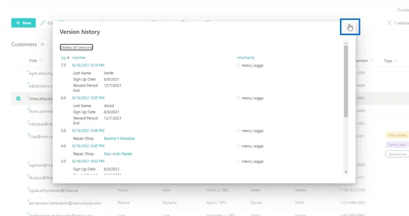 Versiohistoria SharePoint-luetteloissa