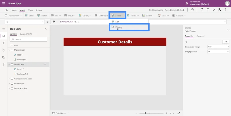 MS Power Appsin yksityiskohtainen näyttö ja lomakenäyttö