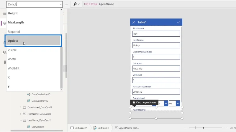 PowerApps-näyttö: muokkaaminen ja päivittäminen