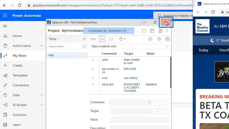 Selenium IDE Power Automate -käyttöliittymässä