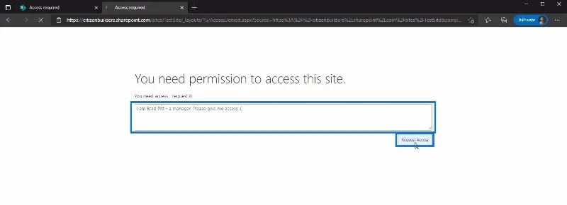 SharePoint-sivuston käyttöoikeuspyynnön mukauttaminen