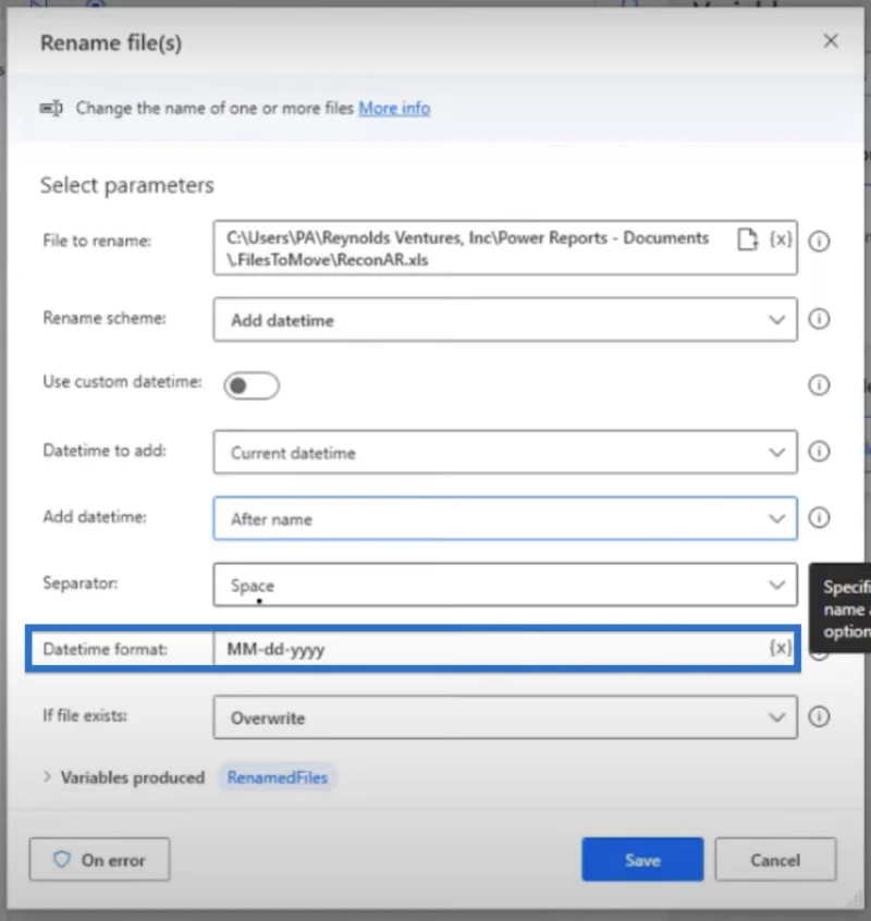 Lisää päivämäärä tiedostonimeen Power Automate Desktopissa