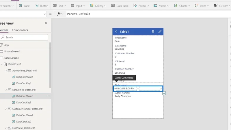 PowerApps-datakort og eiendomstildeling