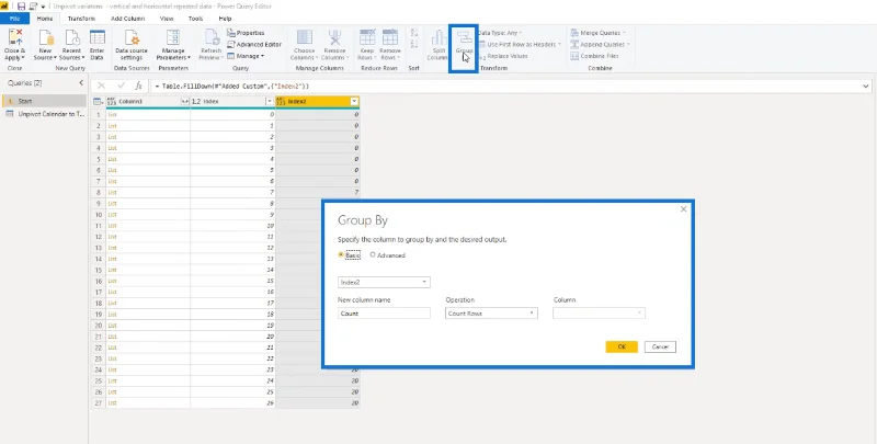 Forvandling af kalendertypelayout til tabelformat i LuckyTemplates ved hjælp af Query Editor