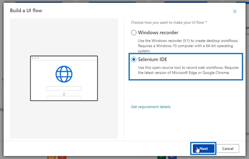 Selenium IDE Power Automate -käyttöliittymässä