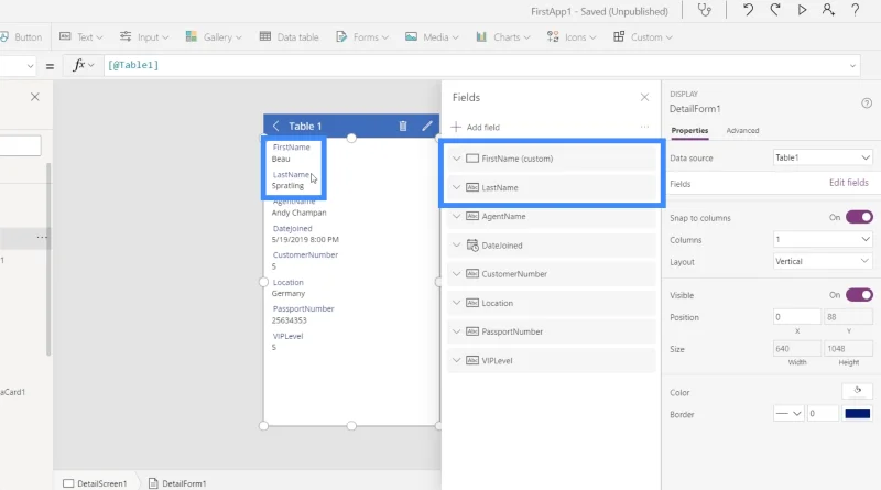 Power Apps -lomakkeet ja tietokortit yksityiskohdassa