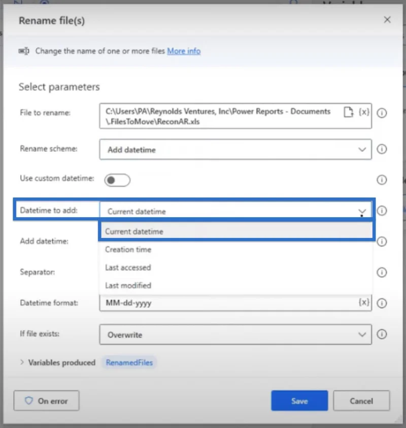 Lisää päivämäärä tiedostonimeen Power Automate Desktopissa