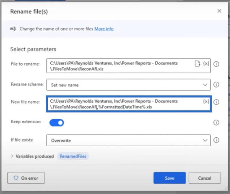Lisää päivämäärä tiedostonimeen Power Automate Desktopissa