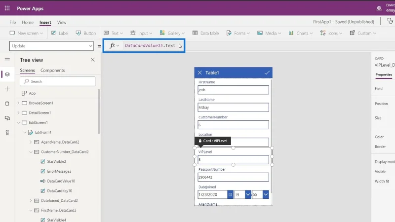 PowerApps-näyttö: muokkaaminen ja päivittäminen