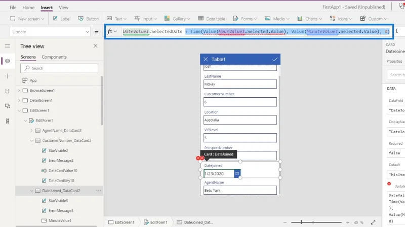 PowerApps-näyttö: muokkaaminen ja päivittäminen