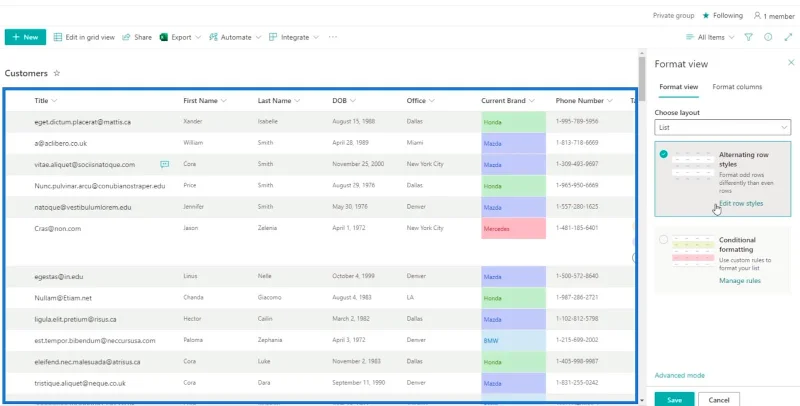 SharePoint-luettelon muotoilun esittely