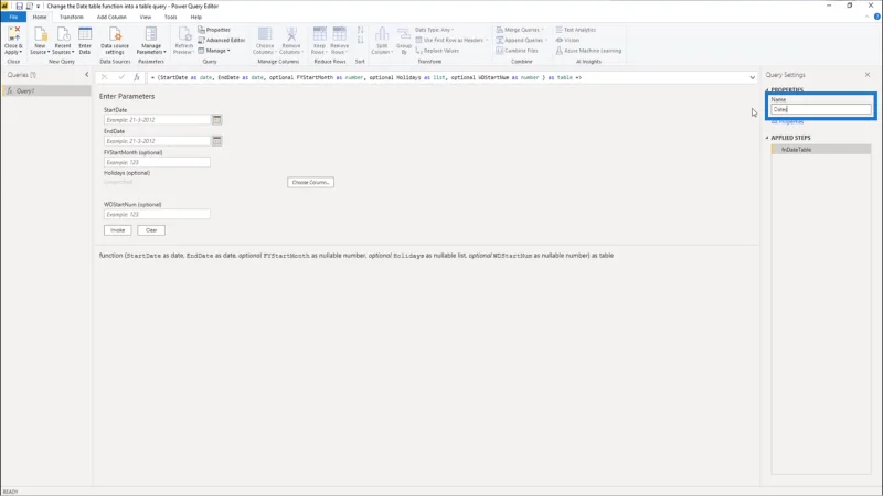 Konverter datotabelfunktionen til en tabelforespørgsel i LuckyTemplates