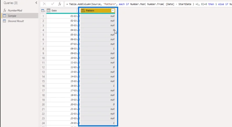 Power Query M: Alternerende 0-1 mønster i datotabell