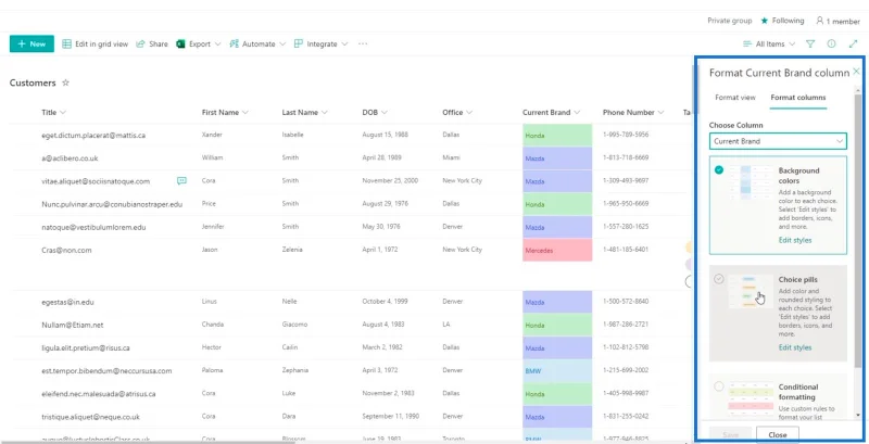 SharePoint-luettelon muotoilun esittely