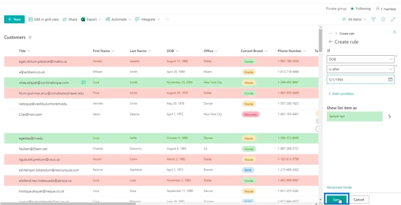 SharePoint-luettelon muotoilun esittely