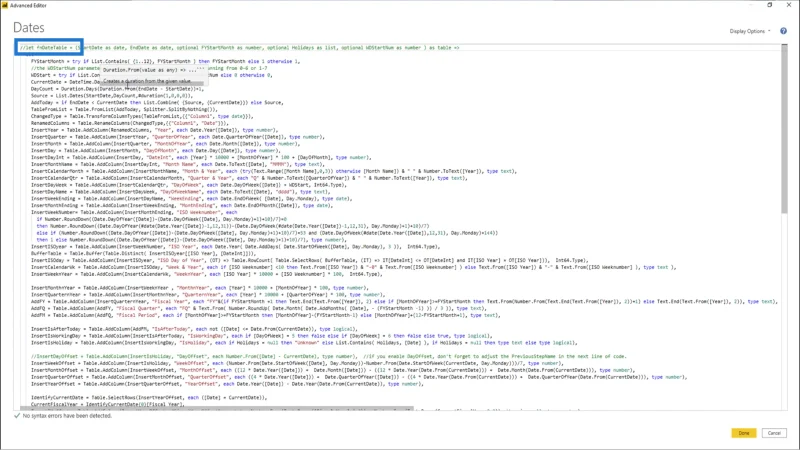 Konverter datotabelfunktionen til en tabelforespørgsel i LuckyTemplates
