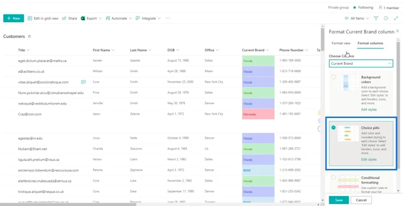 SharePoint-luettelon muotoilun esittely