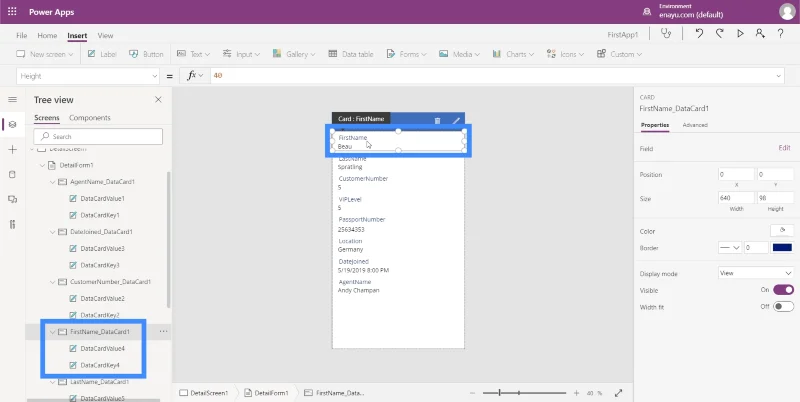 Power Apps -lomakkeet ja tietokortit yksityiskohdassa