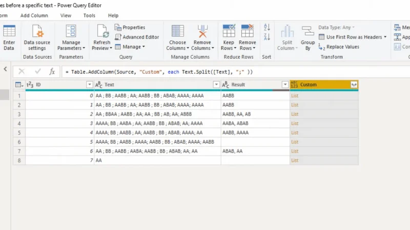 Power Query Advanced Editorin käyttäminen arvojen poimimiseen ennen tiettyä tekstiä