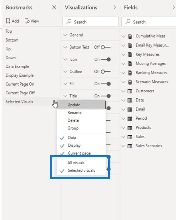 Slik bruker du alternativer i et bokmerke i LuckyTemplates
